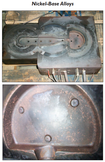 Fig. 6 – Top: Moving half TZM and Anviloy die inserts after 940 shots. TZM is in the bottom (left) position and Anviloy in the middle and upper positions. Electrical resistance heaters and thermocouple leads are visible on the lower edge of the mounting plate. Bottom: Close-up of Anviloy die inserts after 500 shoots.