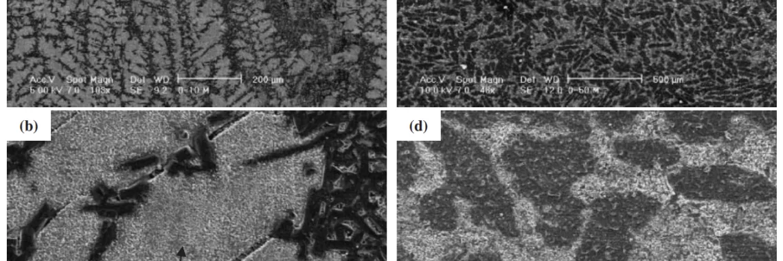 Fig. 7 The scanning electron microscope (SEM) images of solidified structure. (a) and (b) : NaCl–10 mol%Na2CO3. (c) and (d) : NaCl– 70 mol%Na2CO3.
