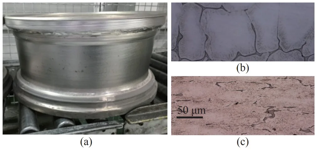 Fig. 7. (a) JDM1 magnesium wheel produced by cast & flow forming
technology; (b) the microstructure of the wheel in the as-cast condition,
which has a yield strength, tensile strength and elongation of 85 MPa,
138 MPa, and 4.8 %, respectively; (c) the microstructure of the wheel
rim after flow forming. In as-flow formed condition, the wheel has a
yield strength, tensile strength, and elongation of 278 MPa, 317 MPa,
and 8.4%, respectively