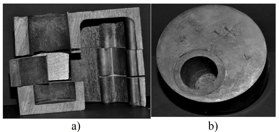 Fig. 7. a) Section through a test casting, a sample for  evaluation with the SEM and EDX techniques, b) lower part of  the test casting after washing-out the core