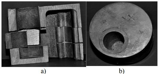 Fig. 7. a) Section through a test casting, a sample for evaluation with the SEM and EDX techniques, b) lower part of the test casting after washing-out the core