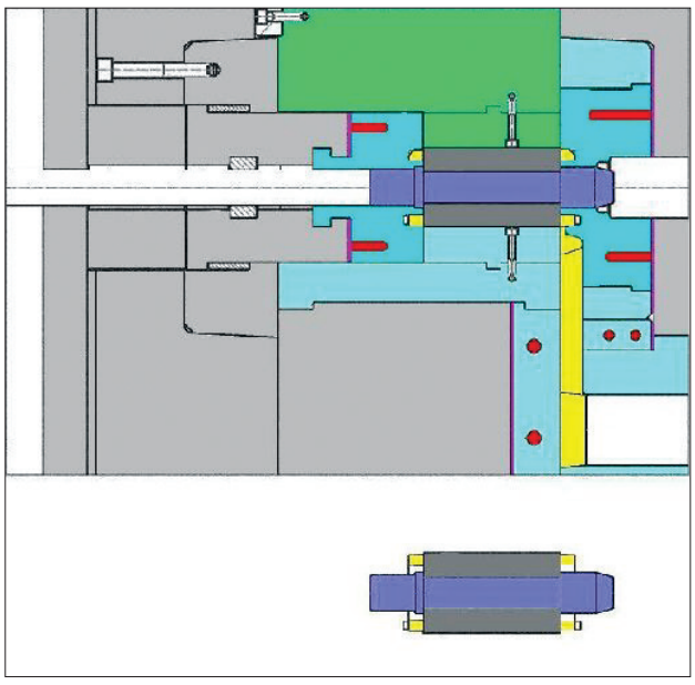 Fig. 8 – Horizontal pressure die caster with tooling for rotor casting in closed position. The arbor (dark blue) and the steel rotor laminations (dark gray) are shown in the insert and in position in the machine. Copper from the shot sleeve biscuit, runner bar and end rings is shown in yellow. The nickel alloy end ring inserts are shown in medium blue with electrical resistance heater elements in red. These are backed with insulation (pink) as are the runner inserts which would be nickel alloy or tungsten. Red circles here indicate heater positions. The moveable slide to allow insertion and removal of the rotor is shown in green. Ordinary steel backing plates of the master mold set are shown in light gray. (Courtesy of DieTec, GmbH)