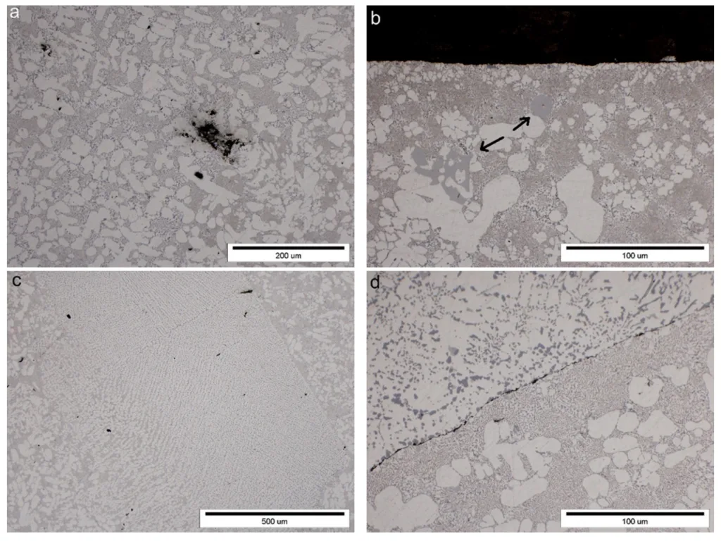 Fig. 8. Casting defects in shock tower casting hot areas, LM: (a) porosity, (b) externally solidified crystals (ESC), (c) cold flake, and (d) discontinuity
on the flake edge.