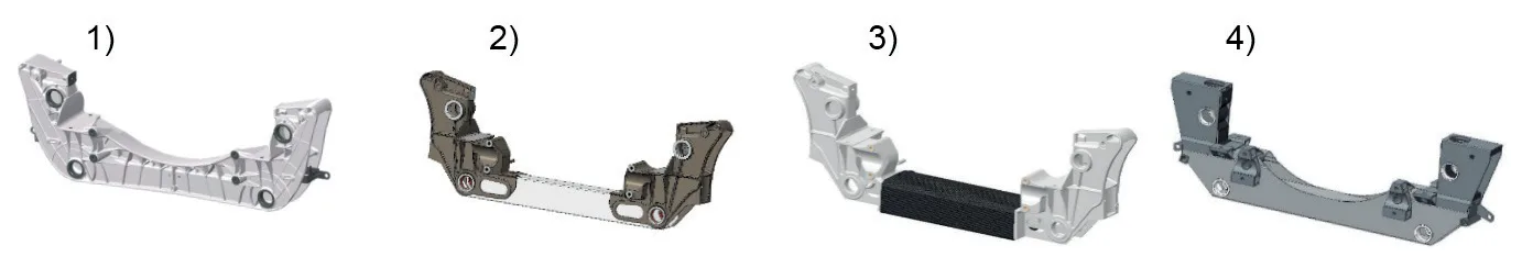 Fig. 1 - Cross beams: -1) HPDC aluminum, 2) LPDC and extruded aluminum, 3) LPDC and CFRP, 4) Extruded aluminum