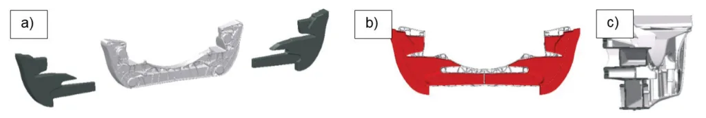 Fig. 2 - a) Sliders layout b) Cross beam hollowed longitudinal section c) remarkable hollow sections