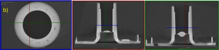 Fig. 3. CT image of EC 55 casting; a) water-cooled (core temperatures 130 ± 5 °C), b) oil-tempered (core temperatures 165 ± 5 °C)