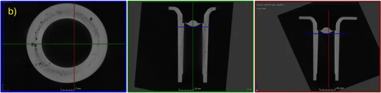 Fig. 4. CT image of EC 75 casting; a) water-cooled (core temperatures 130 ± 5 °C), b) oil-tempered (core temperatures 165 ± 5 °C)