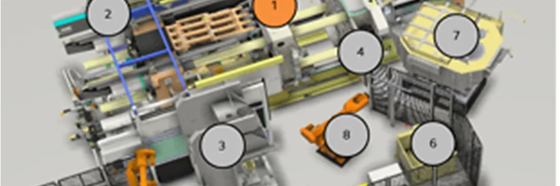Fig. 4. Schematic view of individual devices in the casting workplace: (1 – high pressure casting machine, 2 – machine extraction, 3 – cutting press, 4 – data matrix code punch, 5 – foundry mould treatment manipulator, 6 – cooling bath, 7 – holding furnace, 8 – handling robot, 9 – robotic, automatic palletizing)