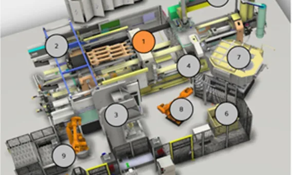 Fig. 4. Schematic view of individual devices in the casting workplace: (1 – high pressure casting machine, 2 – machine extraction, 3 – cutting press, 4 – data matrix code punch, 5 – foundry mould treatment manipulator, 6 – cooling bath, 7 – holding furnace, 8 – handling robot, 9 – robotic, automatic palletizing)