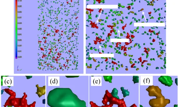 Fig. 4: 3D morphology of porosity in HPDC AM60 alloys: (a) overall view of porosities in specimen; (b) a zoom-in area showing four types of porosities, such as gas-shrinkage pore (c), gas-pore (d), net-shrinkage (e), and island-shrinkage (f) [25]