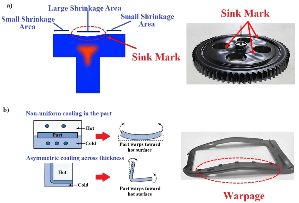 Fig. 4 Sample and creation mechanism of (a) sink mark and, (b) warpage defects in moulded parts.