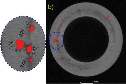 Fig. 5. CT image of EC 75 casting after evaluating pore area fraction and average maximum pore length; a) water-cooled (core temperatures 130 ± 5 °C), b) oil-tempered (core temperatures 165 ± 5 °C)