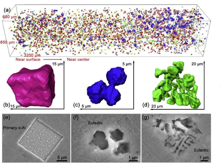 Fig. 5: (a) Distribution of Fe-rich phases along the radial direction from surface to center; (b), (c) and (d) 3D morphology of Fe-rich phases in HPDC; (e), (f) and (g) SEM results of the morphology of Fe-rich phases corresponding to (b), (c) and (d), respectively [31]