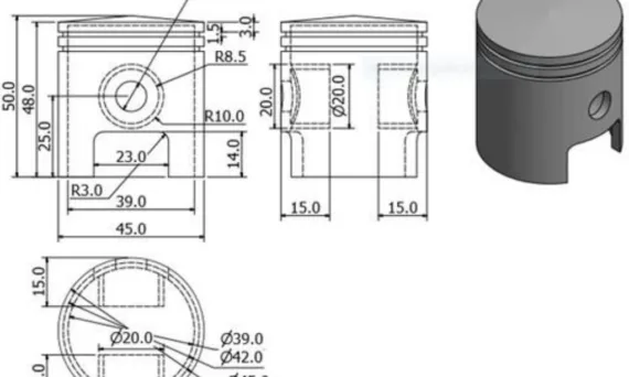 Figure 1. Standard dimensions (mm) of a 950 W electric power generator piston