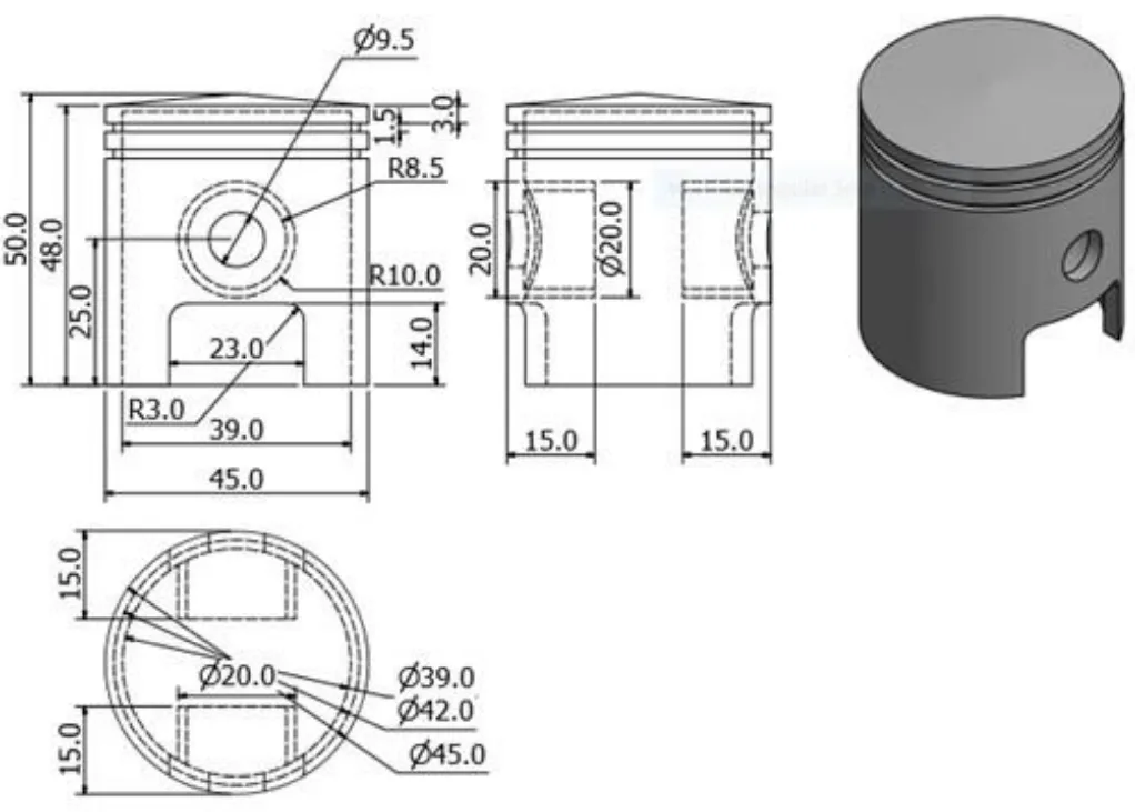 Figure 1. Standard dimensions (mm) of a 950 W electric power generator piston