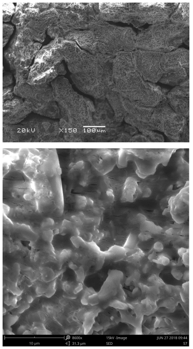 Figure 10. SEM micrographs of the fractured optimized core usage limits the design complexity. composition salt core (28.3% Na2CO3 and 71.7% K2CO3).