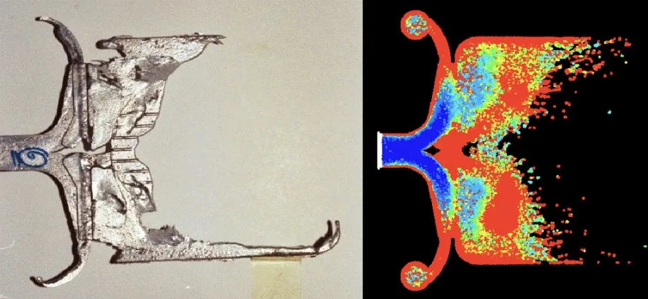 Figure 12: Short shot: experiment (left), simulation (right).