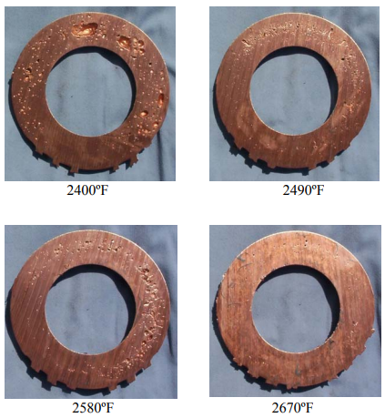 Figure 15 – Photographs of Sectioned Gate End Rings for Shots Made at Four Melt Temperatures.