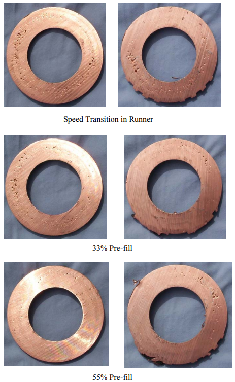 Figure 16 – Photographs of Sectioned End Rings with Increasing Pre-fill. Ejector end rings on left; gate end rings on right.