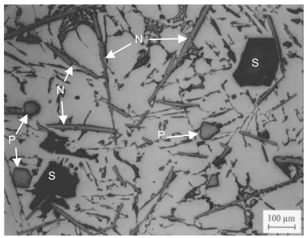 Figure 17. The microstructure of alloy #1, melt was held at 670°C for 3 hrs, air cooled in crucible. S-Primary Si, N-Needle (or Platelet), P-Polyhedral.