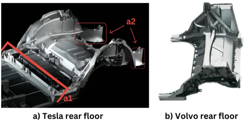 Figure 2.6: Teslas’ and Volvos’ mega-castings of the rear floor