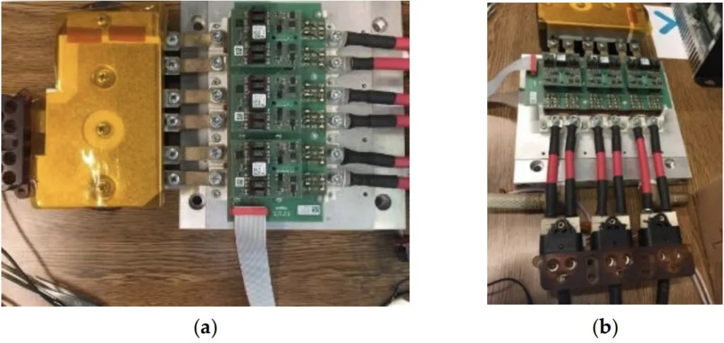 Figure 23: (a) Original three-phase 75 kW liquid cooled inverter circuit with six IGBT modules; (b) Different angle view of Figure 23(a).