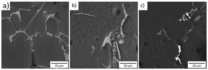 Figure 3 As-cast microstructures of experimental alloys after slow cooling:
(a) A1 alloy; (b) A2 alloy; (c) A3 alloy