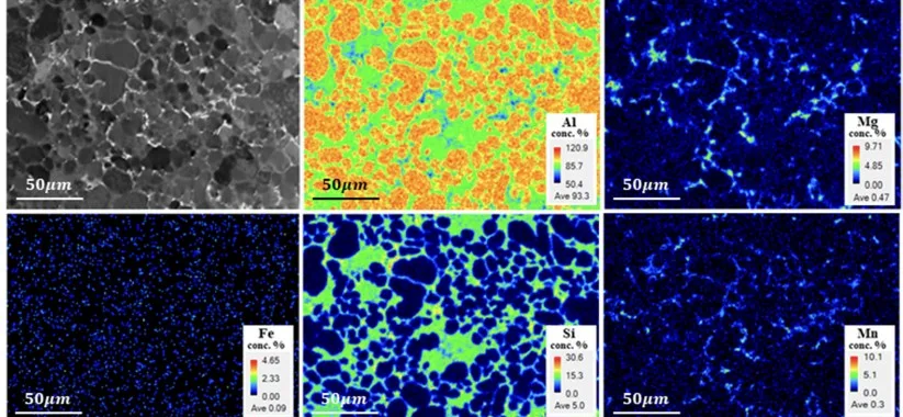 Figure 2. EPMA micrograph and chemical element distribution maps of crept AA365 alloy at 373 K: Al, Mg, Fe, Si, Mn