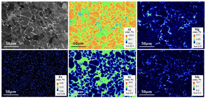 Figure 2. EPMA micrograph and chemical element distribution maps of crept AA365 alloy at 373 K: Al, Mg, Fe, Si, Mn