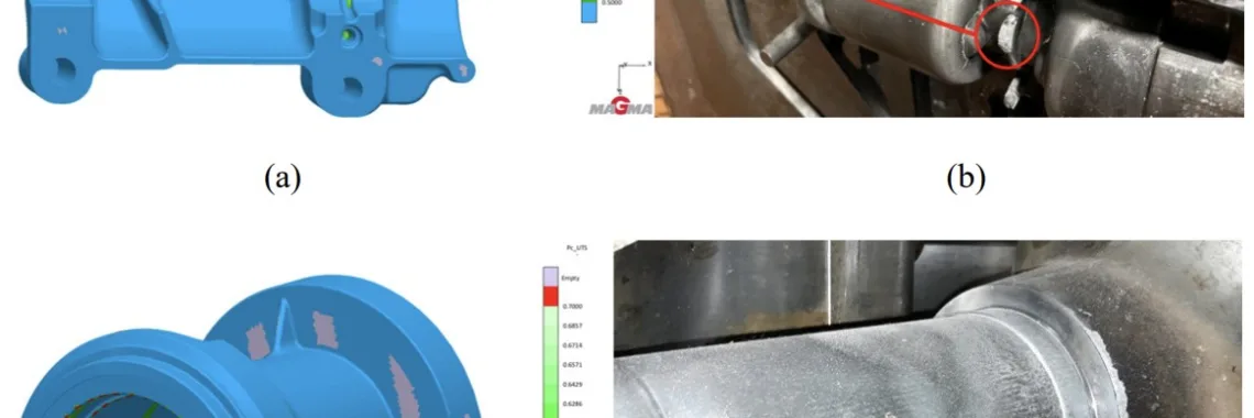Figure 35: Comparison of the contact pressure scaled by UTS in MAGMA (a) and (c) with the production die casting die at the end of a production run (b) and (d).