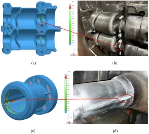 Figure 35: Comparison of the contact pressure scaled by UTS in MAGMA (a) and (c) with the production die casting die at the end of a production run (b) and (d).