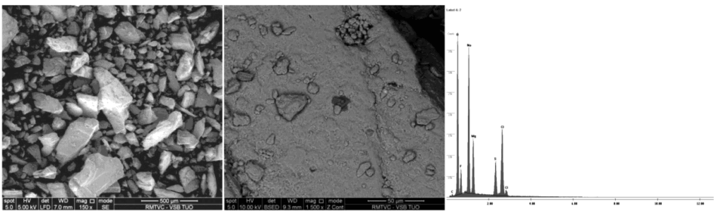 Figure 4: Shattered surface of crushed-rock salts (samples Nos. 1, 2) and EDX analysis of its chemical composition Slika 4: Razbita povr{ina drobljene kamene soli (vzorca {t. 1 in 2) in EDX-analiza kemijske sestave