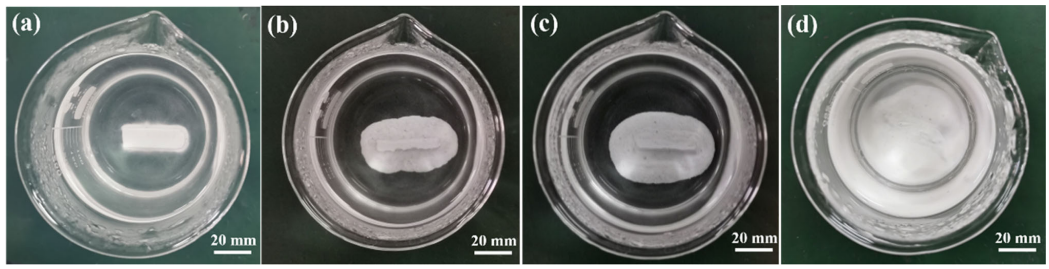Figure 4. Water-soluble experiments of the KNO3-based salt core strengthened by 30 wt.% glass fiber (size = 25 lm) in 80 C water: (a) 0 min; (b) 6 min; (c) 12 min; (d) 18 min