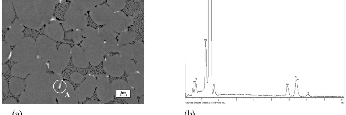 Figure 4. (a) Backscattered SEM micrograph showing the distribution of intermetallics along grain boundaries in Al-5Mg-1.5Si die-cast alloy, and (b) EDS diagram showing the elements in particle A.