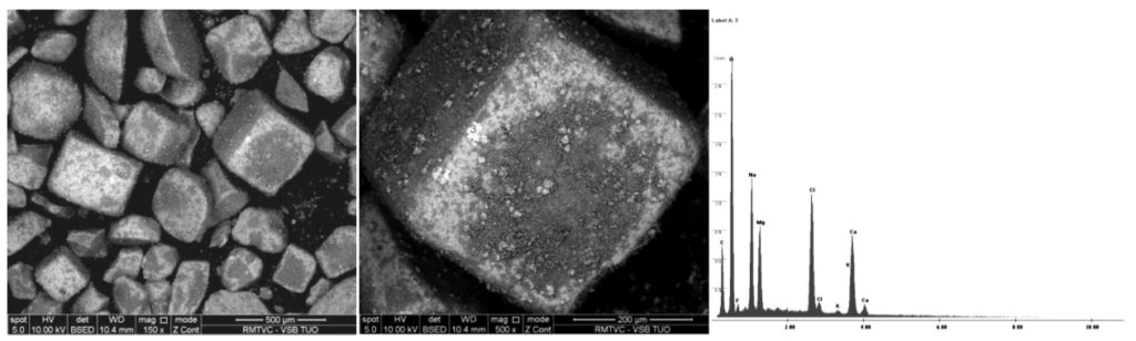 Figure 5: Regular cubic grains of Alpine salts (samples Nos. 3, 4) and EDX analysis confirming the presence of anticaking agents on the salt grain surface (MgCO3, CaCO3) Slika 5: Pravilna kockasta zrna soli Alpine (vzorca {t. 3 in 4) in EDX-analiza, ki potrjuje prisotnost sredstva proti sprijemanju na povr{ini zrn soli (MgCO3, CaCO3)