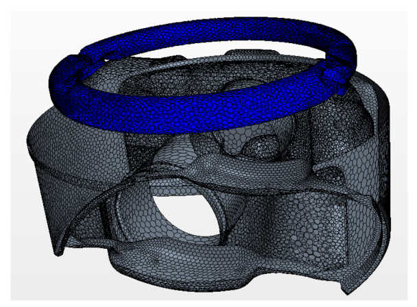 Figure 5. Piston mesh for HT modelling (cooling gallery in blue)