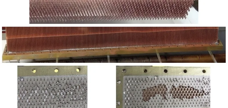 Figure 59: HX Prototype 10-E2: (Top) Tube bundle; (Middle) Header after casting; (Bottom) Cut header with tube ends showing.