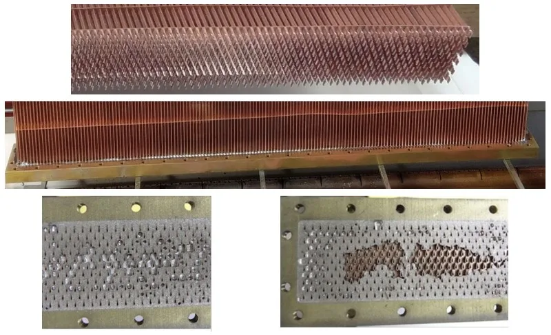 Figure 59: HX Prototype 10-E2: (Top) Tube bundle; (Middle) Header after casting; (Bottom) Cut header with tube ends showing.