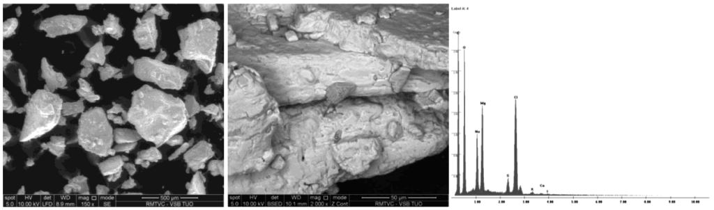 Figure 6: Oval form of sea-salt grains (sample No. 5) and EDX analysis of its chemical composition Slika 6: Ovalna oblika zrn morske soli (vzorec {t. 5) in EDX-analiza kemijske sestave