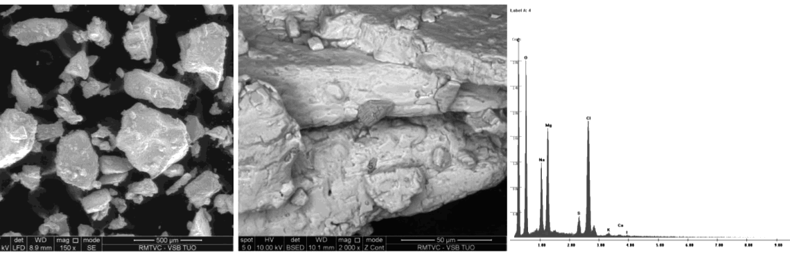 Figure 6: Oval form of sea-salt grains (sample No. 5) and EDX analysis of its chemical composition Slika 6: Ovalna oblika zrn morske soli (vzorec {t. 5) in EDX-analiza kemijske sestave