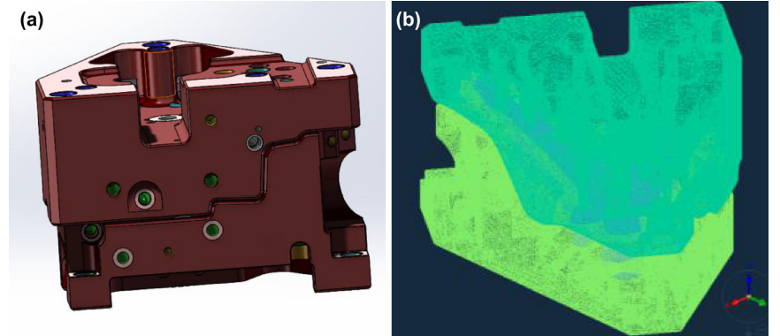 Figure 6. Steering knuckle die model (a) and finite element model (b).