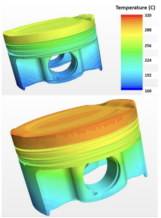 Figure 6. Temperature distribution on a gasoline cooled piston (top), and non-cooled (down)