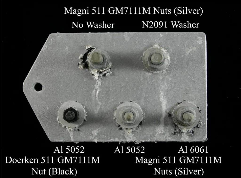 Figure 8 Appearance of fastened AE44 plates pretreated with fluorozirconate and a metallic-looking epoxy-based powder coat.