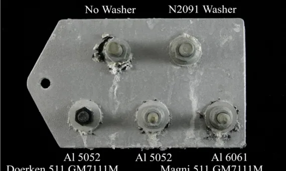 Figure 8 Appearance of fastened AE44 plates pretreated with fluorozirconate and a metallic-looking epoxy-based powder coat.