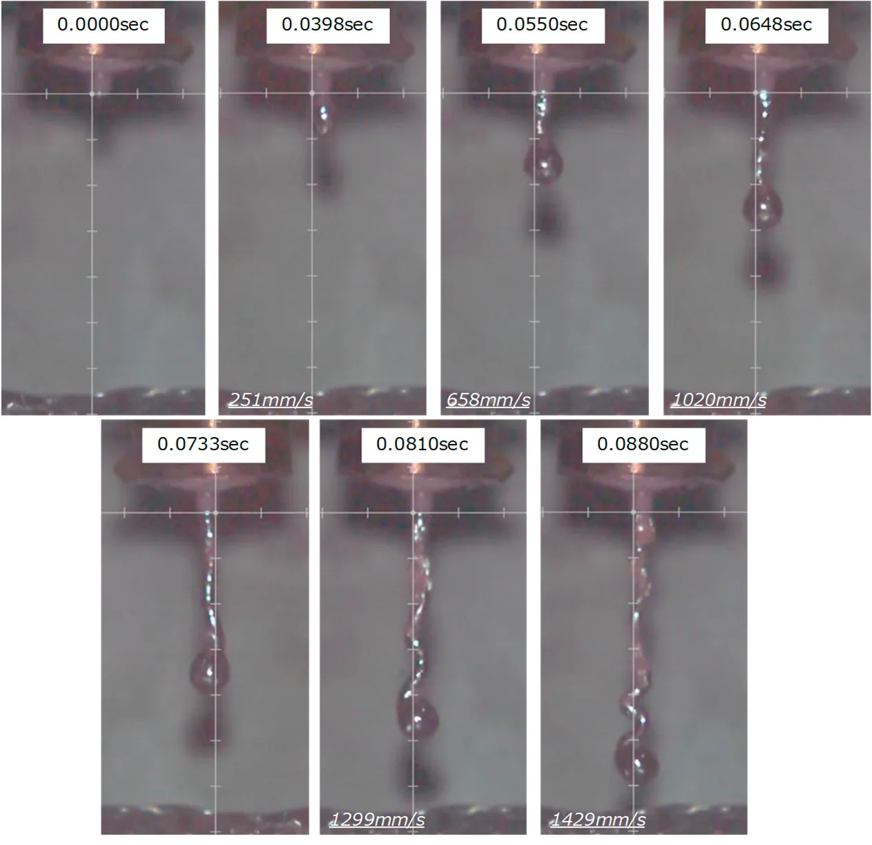Figure 10. Dynamic behavior in the free injection of the aluminum melt from the PIG-nozzle outlet gate. Every snapshot was retrieved and selected from the vide frame image