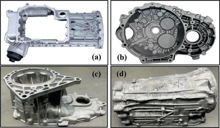 Figure 10. Powertrain applications of HPDC magnesium alloys: (a) AE44 oil conduit module on Porsche Panamera [48] (courtesy of GF casting solutions) and (b) AZ91 gearbox on Volkswagen golf and Passat [45] (courtesy of GF casting solutions); (c) AZ91 transfer case on ford F-150 and (d) AZ91 transmission case prototype made by Meridian lightweight technologies.