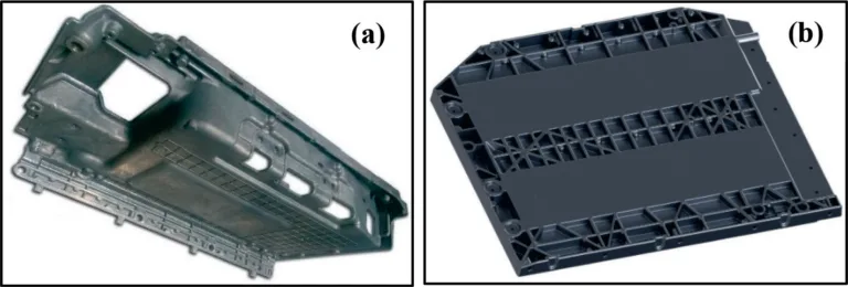 Figure 12. Battery-related application of magnesium alloys: (a) HPDC AZ91D battery charger housing manufactured by Meridian lightweight technologies [89] and (b) prototyped battery tray [92] (courtesy of Fusium).