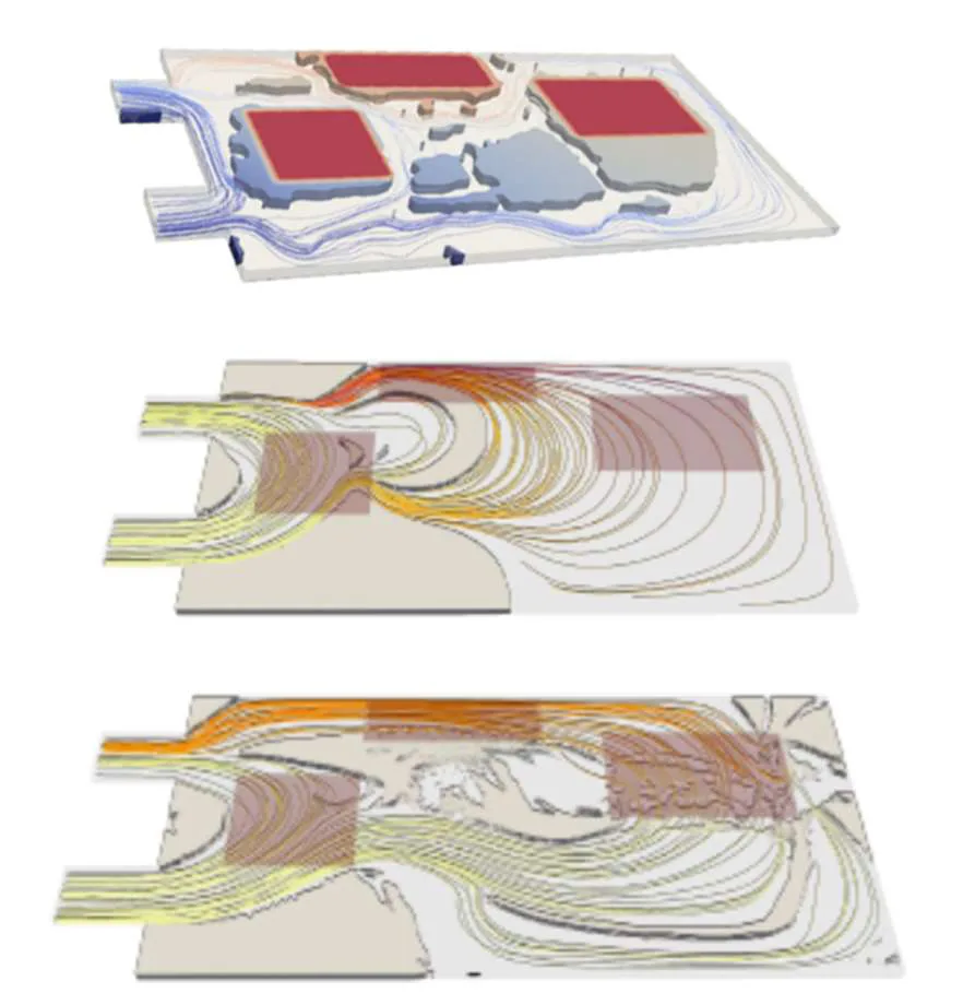 Figure 13: Proof of concept: Simulations results with 3 components. Alpha threshold is superimposed with streamlines. Top: 2D simulations extruded. Centre: 3D simulations, objective function set for pressure drop. Bottom: objective function set for component temperature.