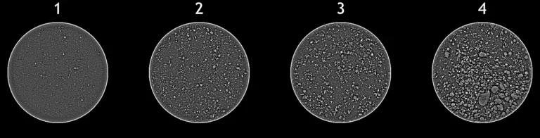 Figure 2. Grading references from ASTM 2973 with enhanced visualization of Porosity flaws; arranged in order of increasing severity, from 1 to 4.