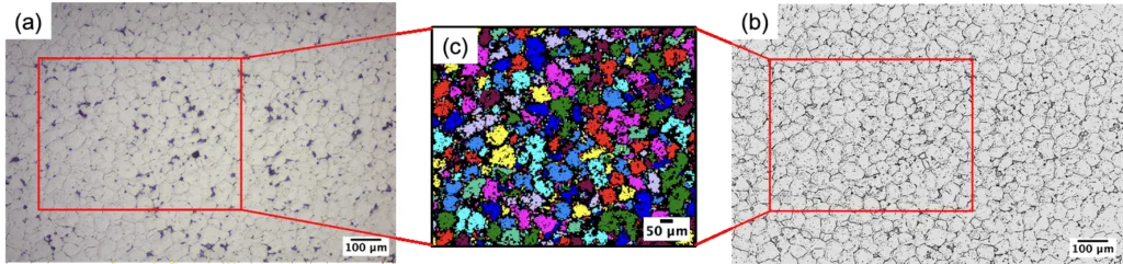 Figure 3. Optical microstructures of cross-sections for IC2024-NT (a); (b) shows threshold image of (a); (c) shows color-labeled grain structure of one segment of (a) &(b)